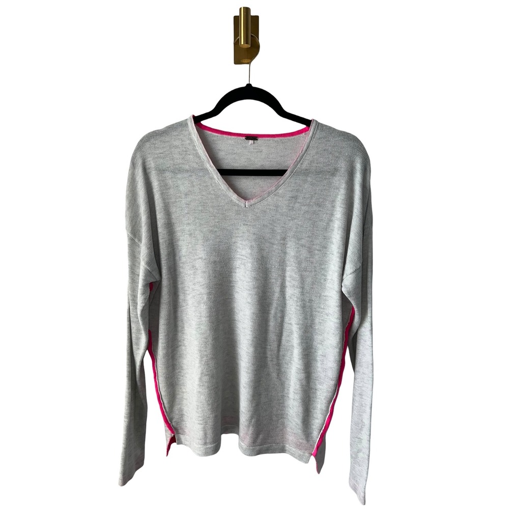 Poof Sweater V-Neck Neon Trim Lightweight Knit Relaxed Grey Pink Large